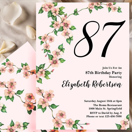 Floral 87th Birthday Invitation in Blush Pink 招待状