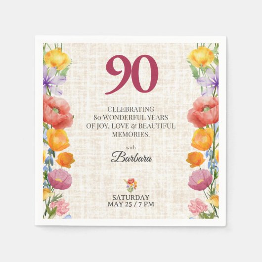 Floral 90th Birthday Party - Chic Linen Garden スタンダードカクテルナプキン (正面)