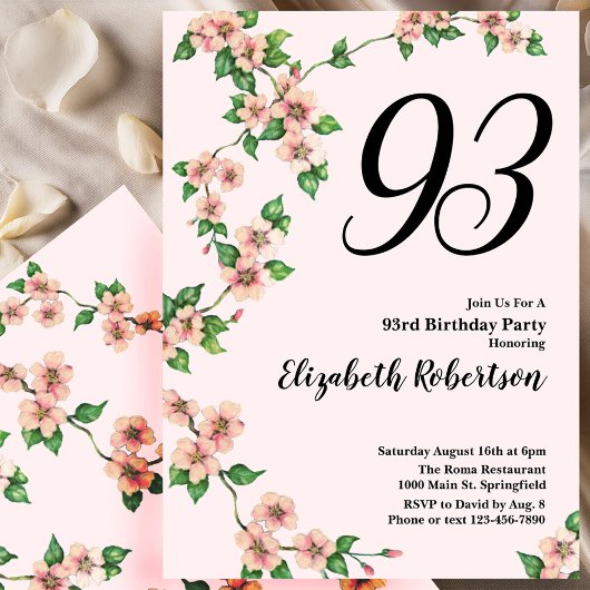 Floral 93rd Birthday Invitation in Blush Pink 招待状