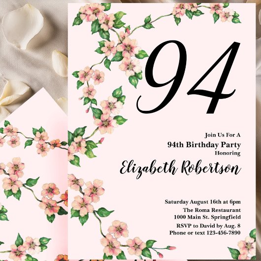 Floral 94th Birthday Invitation in Blush Pink 招待状