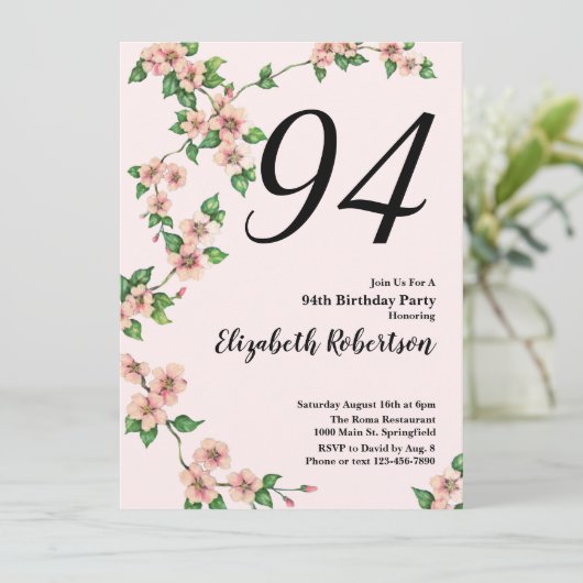 Floral 94th Birthday Invitation in Blush Pink 招待状 (スタンド正面)