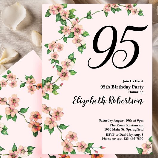 Floral 95th Birthday Invitation in Blush Pink 招待状