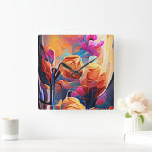 Floral Abstract Art Orange Red Blue Flowers スクエア壁時計 (ホーム)