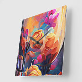 Floral Abstract Art Orange Red Blue Flowers スクエア壁時計 (傾斜)