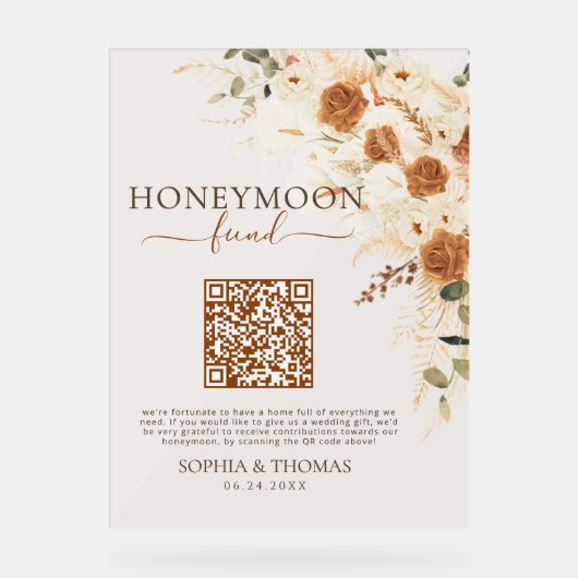 Floral Acrylic Honeymoon Fund QR Code Wedding アクリルサイン (正面)