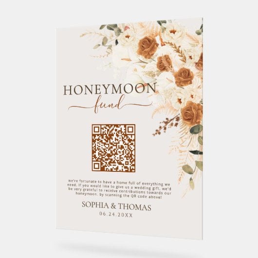 Floral Acrylic Honeymoon Fund QR Code Wedding アクリルサイン (傾斜)