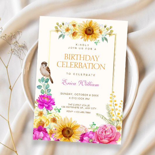 Floral aesthetic birthday 招待状