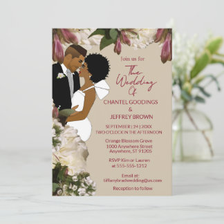 Floral African American Bride and Groom Wedding 招待状