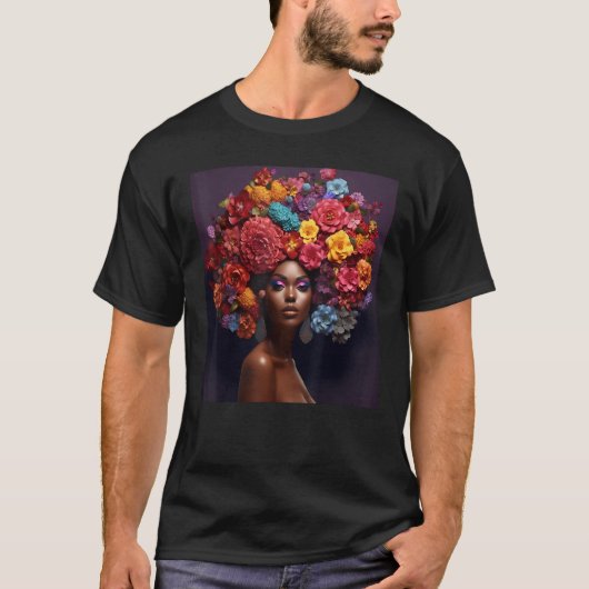 Floral Afro Woman Black Queen Puff Melanin Rainbow Tシャツ (正面)