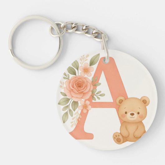 Floral Alphabet A Keychain – Cute Bear  キーホルダー (正面)