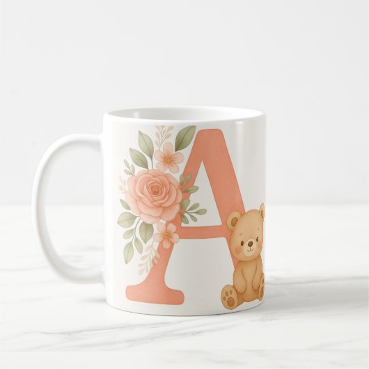 Floral Alphabet A Mug – Cute Bear Initial Mug コーヒーマグカップ (左)