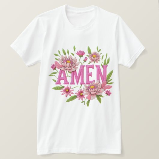 Floral “Amen” Typography Design – Pink Botanical  Tシャツ (デザイン正面)