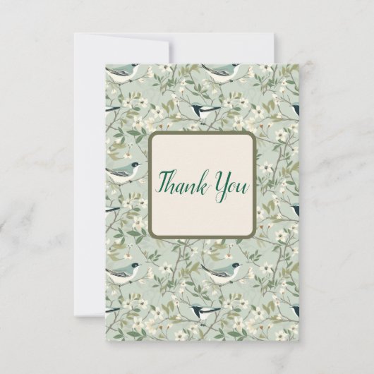 Floral and Bird Thank You Card in Sage Green サンキューカード (正面)