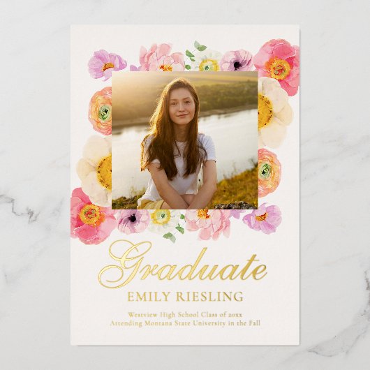 Floral and Gold Foil Graduation Announcement 箔招待状 (正面)