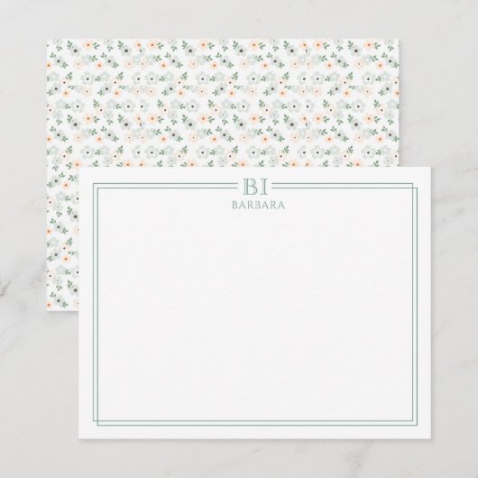 Floral and Green Monogram Note Card ノートカード (正面/裏面)