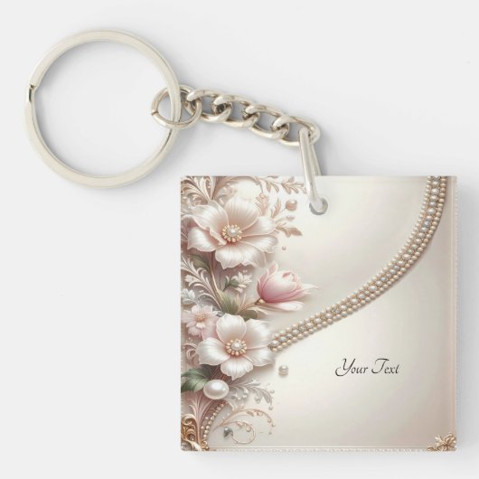 Floral and Pearl Embellishments Keychain キーホルダー (正面)