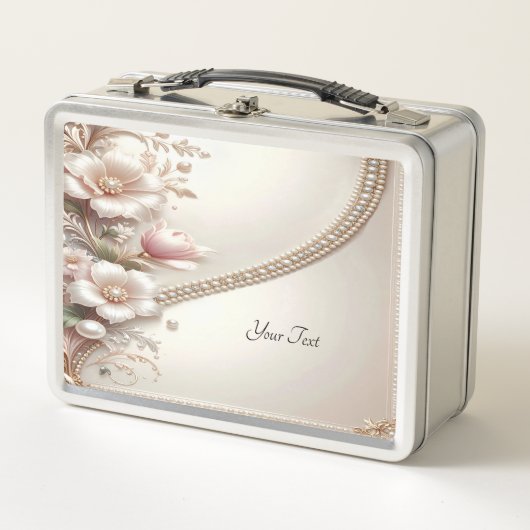 Floral and Pearl Embellishments Lunch box メタルランチボックス (正面)