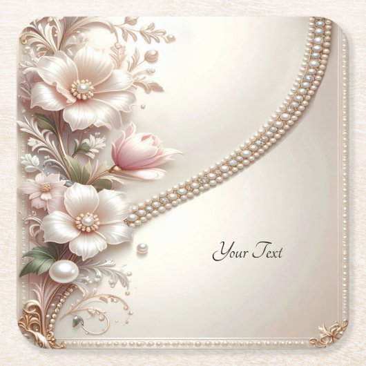 Floral and Pearl Embellishments Paper Coaster スクエアペーパーコースター (正面)