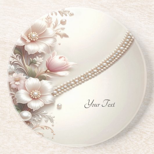 Floral and Pearl Embellishments Sandstone Coaster コースター (正面)