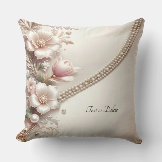 Floral and Pearl Embellishments Throw Pillow クッション (正面)