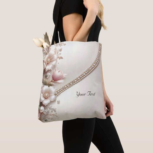 Floral and Pearl Embellishments Tote Bag トートバッグ (クローズアップ)