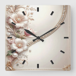 Floral and Pearl Embellishments Wall Clock スクエア壁時計