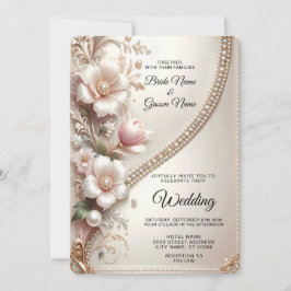 Floral and Pearl Embellishments Wedding Invitation 招待状