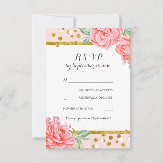 floral antique pink gold stripe wedding RSVP (正面)