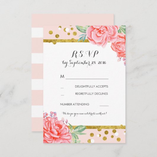 floral antique pink gold stripe wedding RSVP (正面/裏面)