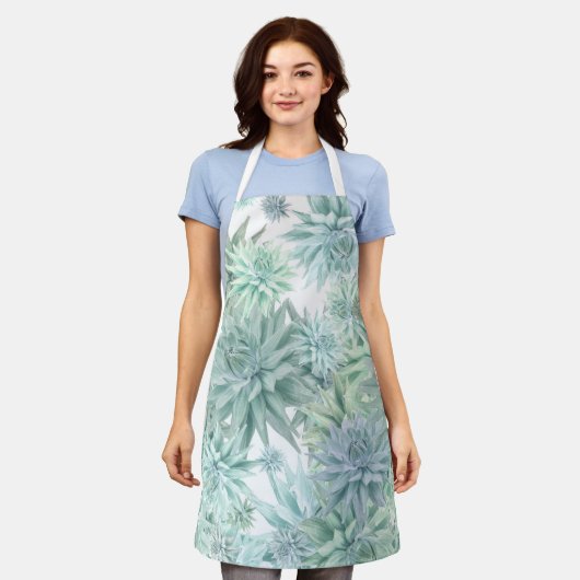 Floral Apron – Soft Blues & Greens on White  エプロン (着用した状態)