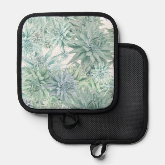 Floral Apron – Soft Blues & Greens on White  鍋敷き (正面/裏面)