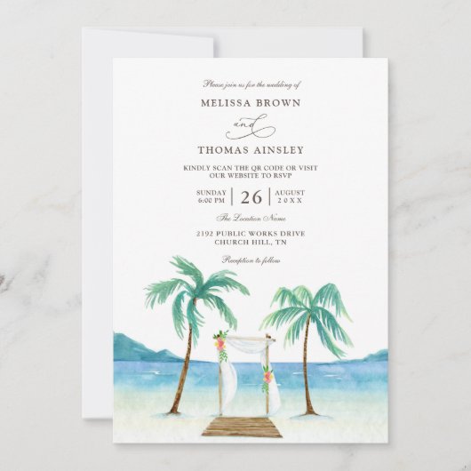 Floral Arbor Tropical Beach Budget QR Code Wedding 招待状 (正面)