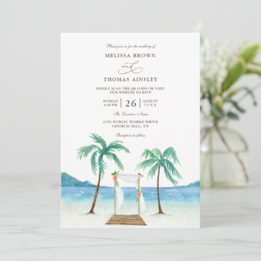 Floral Arbor Tropical Beach Budget QR Code Wedding 招待状 (スタンド正面)