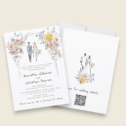 Floral Arch Couple Sketch Wedding Website 招待状