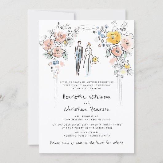 Floral Arch Couple Sketch Wedding Website 招待状 (正面)