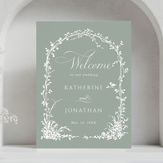 Floral Arch Garden Wedding Sage Green Welcome  ポスター