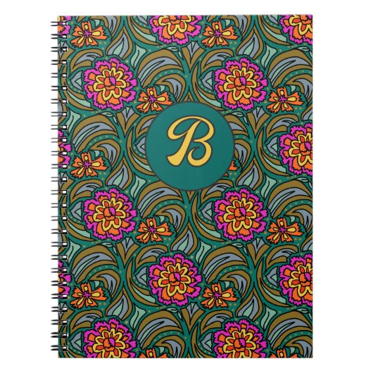 Floral Art Pattern Custom Initial Notebook ノートブック (正面)