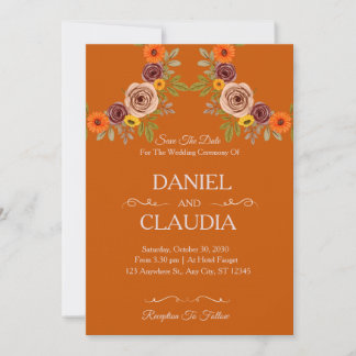 Floral Autumn Burnt Orange Wedding Invitation 招待状