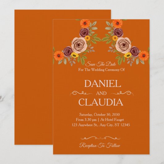 Floral Autumn Burnt Orange Wedding Invitation 招待状 (正面/裏面)