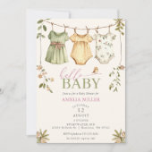 Floral Baby Clothesline Hello Baby Baby Shower 招待状 (正面)