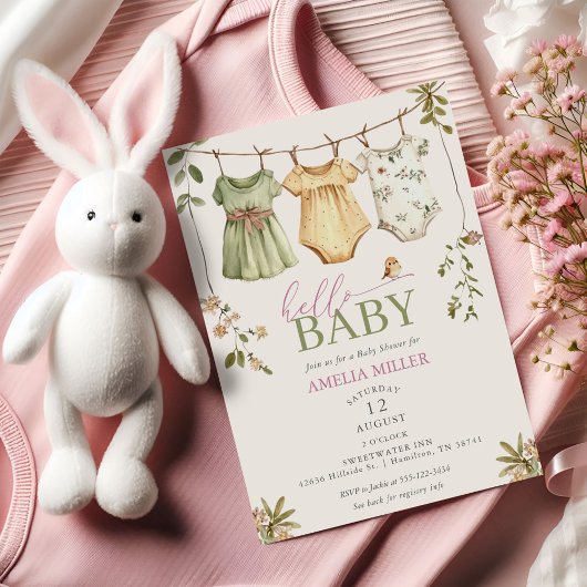 Floral Baby Clothesline Hello Baby Baby Shower 招待状