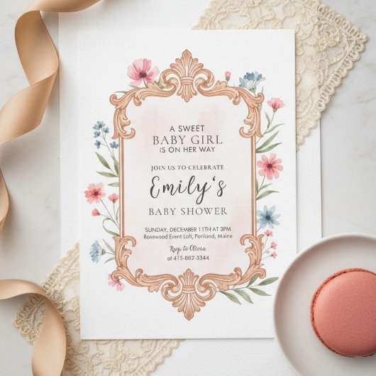 Floral Baby Girl Shower Invitation Frame 招待状