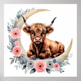 Floral Baby Highland Cow Nursery Print ポスター