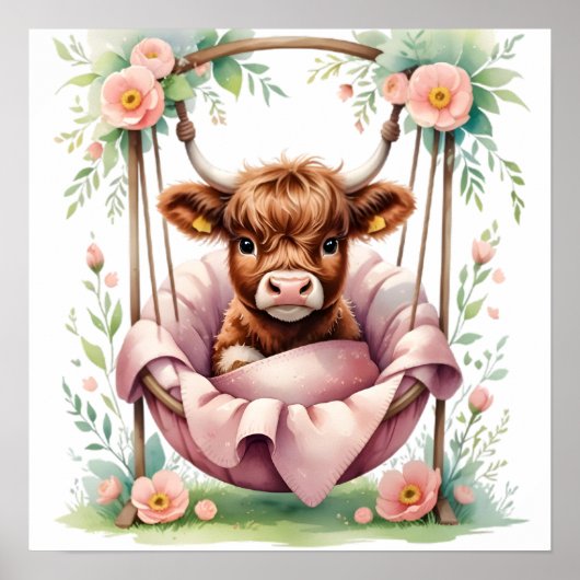 Floral Baby Highland Cow Nursery Print ポスター (正面)