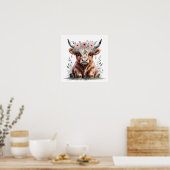 Floral Baby Highland Cow Nursery Print ポスター (キッチン)