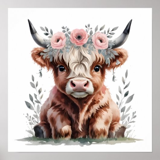 Floral Baby Highland Cow Nursery Print ポスター (正面)
