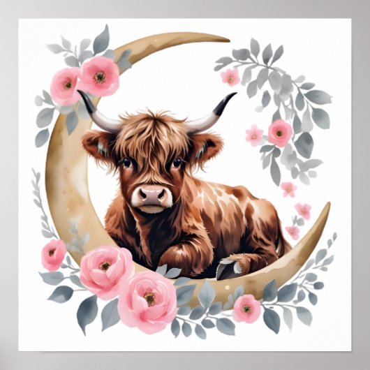 Floral Baby Highland Cow Nursery Print ポスター (正面)
