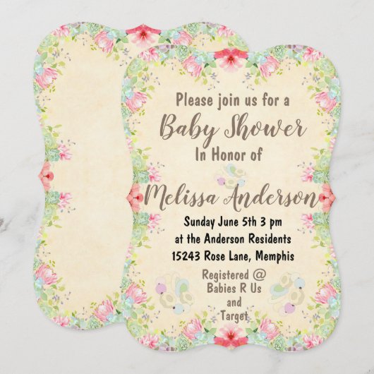 Floral Baby Shower 招待状 (正面/裏面)
