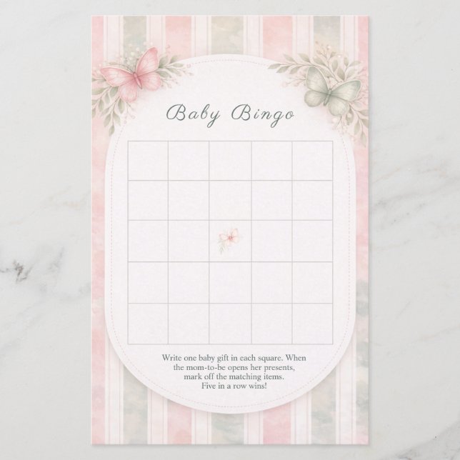 Floral Baby Shower Game Butterfly Bingo (正面)