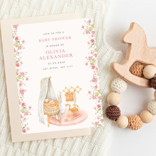 Floral Baby shower in nursery pinky watercolor 招待状